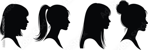 Minimalist hairstyle silhouette illustration, female profile vector art, bob cut, ponytail, long straight hair, bun style, modern graphic design