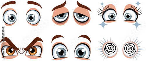 Cartoon character eyes collection, set of 6 vector facial expressions, expressive comic eye illustrations with various emotions and moods