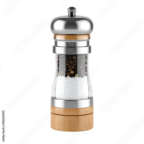 Modern Salt and Pepper Grinder with Bamboo Base, Stainless Steel Top, and Clear Glass Chamber Filled with Salt and Peppercorns