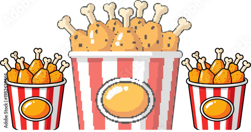 Cartoon fried chicken buckets, crispy golden drumsticks in red and white striped containers, fast food vector illustration for restaurant menus