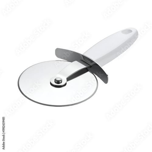 Professional Stainless Steel Pizza Cutter with White Ergonomic Handle on a White Background