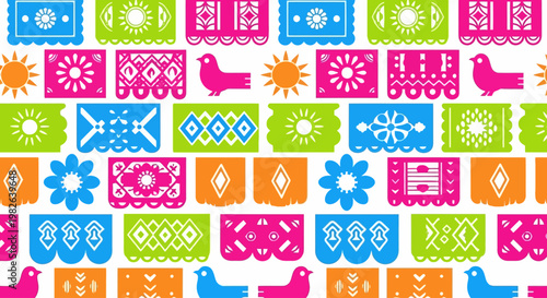 Vibrant and festive seamless pattern of traditional Mexican papel picado banners, perfect for celebrating Cinco de Mayo with colorful folk art motifs and cultural flair