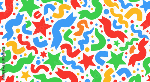 Vibrant and joyful seamless pattern with colorful confetti, abstract shapes, stars, and ribbons, perfect for cinco de mayo celebrations, birthdays, and festive designs