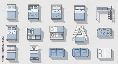 Collection of various beds and bedroom furniture top view flat design.