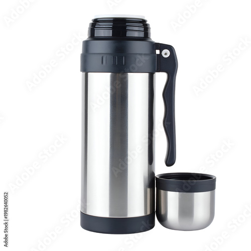 Stainless steel thermos flask with a cup lid and handle on a white background, isolated, studio shot