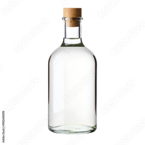 Clear Glass Bottle with Cork Stopper Filled with Transparent Liquid - Isolated on White Background