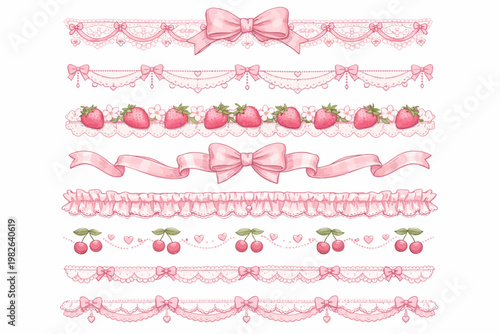 Vintage coquette lace dividers set. Hand drawn pink elegant ribbon, bow, strawberry, cherry, cloth ruffle, frill seamless borders.