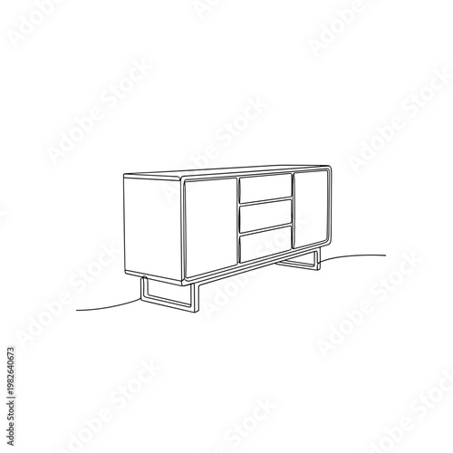 Modern sideboard cabinet line drawing on minimalist gray background