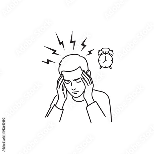 Man experiencing stress and headache with alarm clock ringing in the background isolated on white background