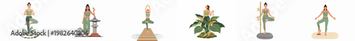 Set of illustrations featuring a woman in yoga poses and meditation moments, surrounded by nature, stones, and Zen elements for holistic health.