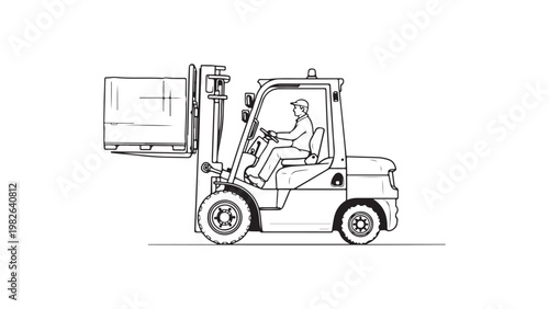 A man drives a forklift with a large box on the forks isolated on white background