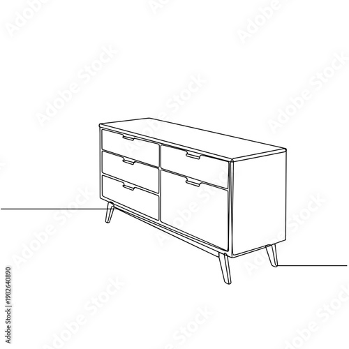 Mid-century sideboard cabinet line drawing on minimalist gray background
