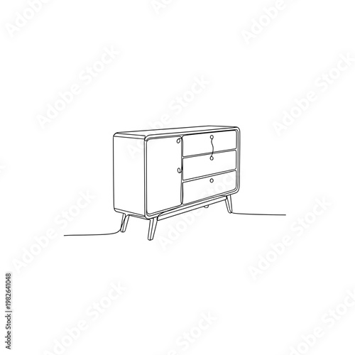 Mid-century sideboard cabinet line drawing on minimalist gray background