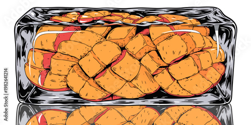 Detailed illustration of cubed mango pieces enclosed inside a transparent clear ice block with reflective surface for food and beverage design transparent ingredient tropical refreshment