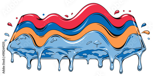 Stylized three-dimensional graphic of a multi-colored layered block with melting blue liquid drips and decorative splashes on white background abstract illustration isolated background