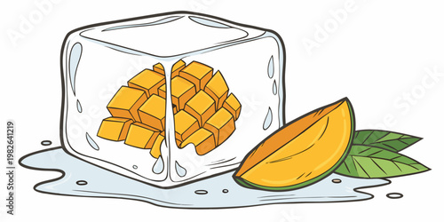 Illustration of a melting ice cube with frozen mango cubes inside accompanied by a fresh mango slice and green leaves on a white background tropical refreshing ingredient crystalline