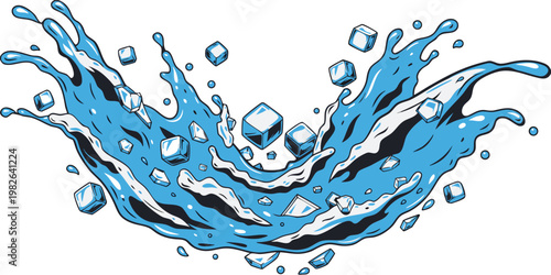 Stylized blue water wave and liquid splash with scattered floating ice cubes graphic design element for summer refreshment and cooling concepts refreshment movement illustration isolated