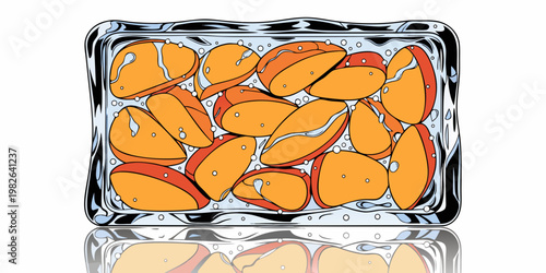 Stylized graphic illustration of mango slices submerged in a block of ice or clear liquid tray with a reflective surface below submerged reflection transparent tropical refreshing artistic