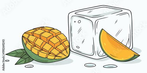 Cartoon illustration of a sliced mango fruit with a hedgehog cut pattern a side slice a large clear ice cube on a light background hedgehog tropical refreshing ingredient illustration