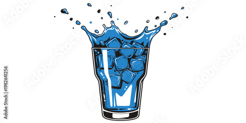 Full glass of blue sparkling drink with many ice cubes splashing liquid upwards graphic illustration for beverage menu or summer party concept beverage refreshment cocktail container