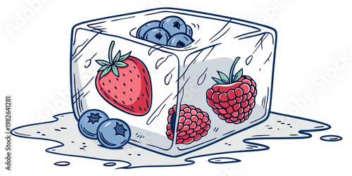 Berries inside a melting ice cube with water puddles and fresh fruit on a white background strawberry raspberry blueberry refreshing illustration isolated background vitamins ingredient