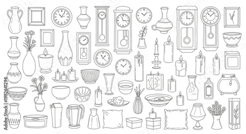 Vintage Clock and Decorative Object Illustrations Collection.