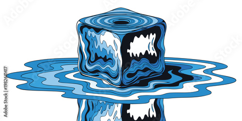 Blue ice cube melting on a reflective surface puddle with reflection refreshing isolated background translucent temperature illustration condensation