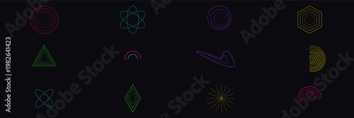 Hand-drawn neon Y2K retro halftone geometric shapes set with spheres orbs and cosmic abstract illustration