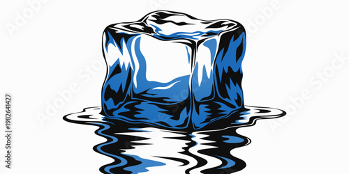 Stylized blue ice cube melting into a puddle illustration with reflection refreshing isolated background translucent temperature illustration condensation