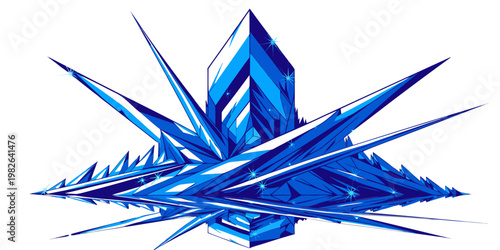 Sharp blue crystalline spike abstract design element on white background with abstract geometric isolated crystalized decorative illustration structure crystaline reflection backdrop