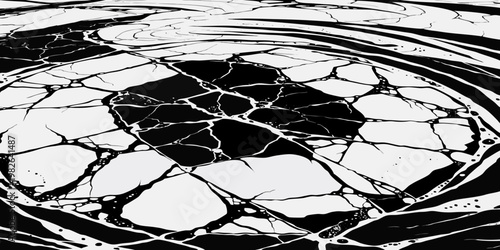 Abstract black and white background featuring a circular pattern of cracked earth or shattered ground textures abstract background shattered monochrome geometric illustration fractured