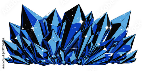 Large cluster of sparkling deep blue crystals with sharp facets gemstone sparkling precious treasure formation reflection beautiful collection isolated background aesthetic brilliant