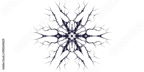 Star-shaped radial fractal pattern resembling dry cracked earth or lightning with lightning branching abstract geometry symmetry shattered structure background artistic illustration
