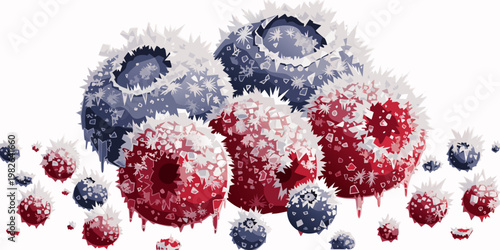 Fresh red and blue berries covered in ice crystals and frost with blueberries raspberries isolated background illustration vitamins nutrition ingredient culinary freshness delicious