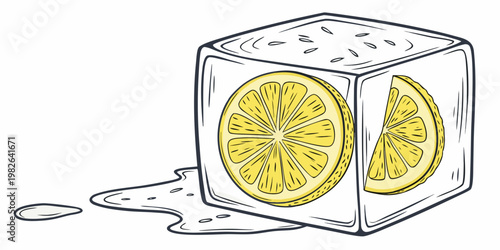 Graphic illustration of fresh lemon slice embedded inside melting ice cube with refreshing beverage cocktail illustration transparent ingredient abstract isolated background hydration