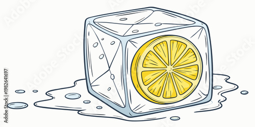 Graphic art of fresh lemon slice in melting ice cube with refreshing beverage cocktail illustration transparent ingredient abstract isolated background hydration refreshment