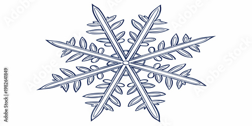Stylized artistic winter snowflake crystal with fern leaf branches on thin lines snowflake seasonal geometry symmetry delicate christmas ornament botanical decoration background