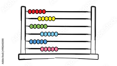 Hand-drawn abacus vector icon illustration with colorful beads on a white background. Minimalist black line art representing a traditional counting tool for education, mathematics, and learning.