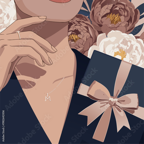 An elegant, semi-flat vector illustration with subtle gradients. Focus on a close-up of a sophisticated woman's hand wearing a delicate, minimalist gold necklace featuring a small, stylized 'M'