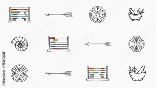 Vector Icon Set of 12 Hand-Drawn Minimalist Line Art Illustrations featuring Archery Arrows, Traditional Abacus, Circular Labyrinth Mazes, Ammonite Fossil, and Mortar and Pestle with Herbs Bundle.