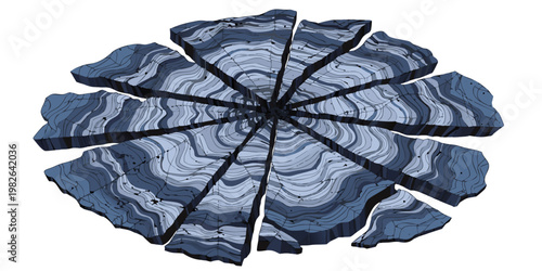 Radial sliced circular cross section of tree trunk showing growth rings in blue tones with circular textured forestry abstract illustration isolated background material structure