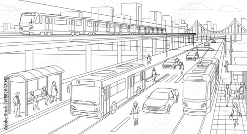 Urban transportation scene with trams and cars in a city.