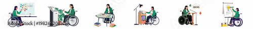 A series of illustrations depicting a businesswoman in a wheelchair performing diverse tasks like planning, presenting, and brainstorming in an inclusive office environment.