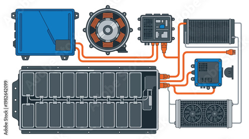 Electric Battery Pack System With Cooling Modules and Circuitry.