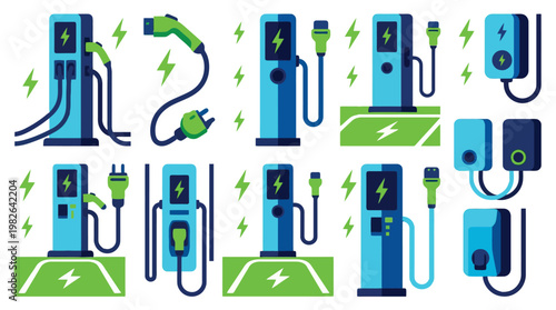 Electric Vehicle Charging Stations Array With Cables.