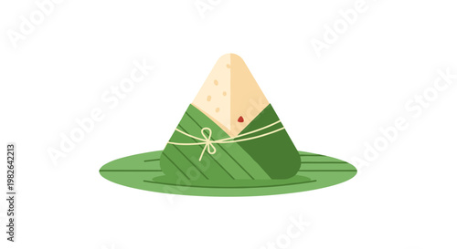 Illustration of rice dumplings wrapped in green leaf with string on white background