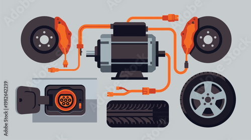 Exploded view of car engine and components.