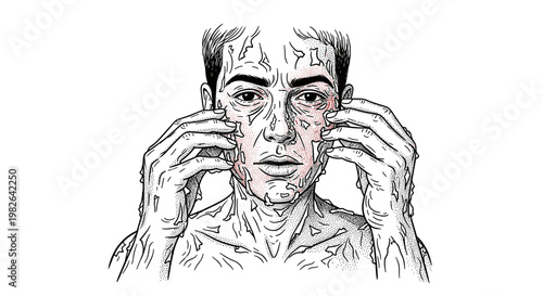 Illustration of a person with hands gently peeling skin from face, monochrome sketch with subtle red accents, white background