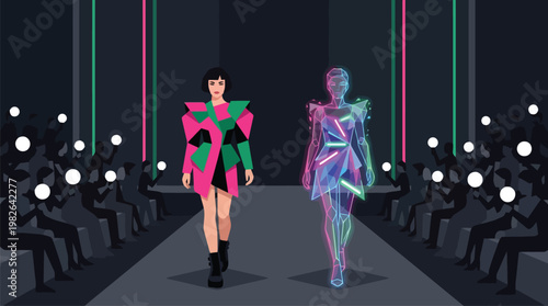 Fashion Models Walking the Runway With a Holographic Figure.