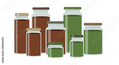 Illustrated assortment of jars filled with herbal extracts, featuring brown and green containers on a white background